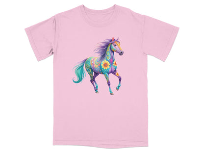 Pink t-shirt with a colorful, patterned horse graphic.