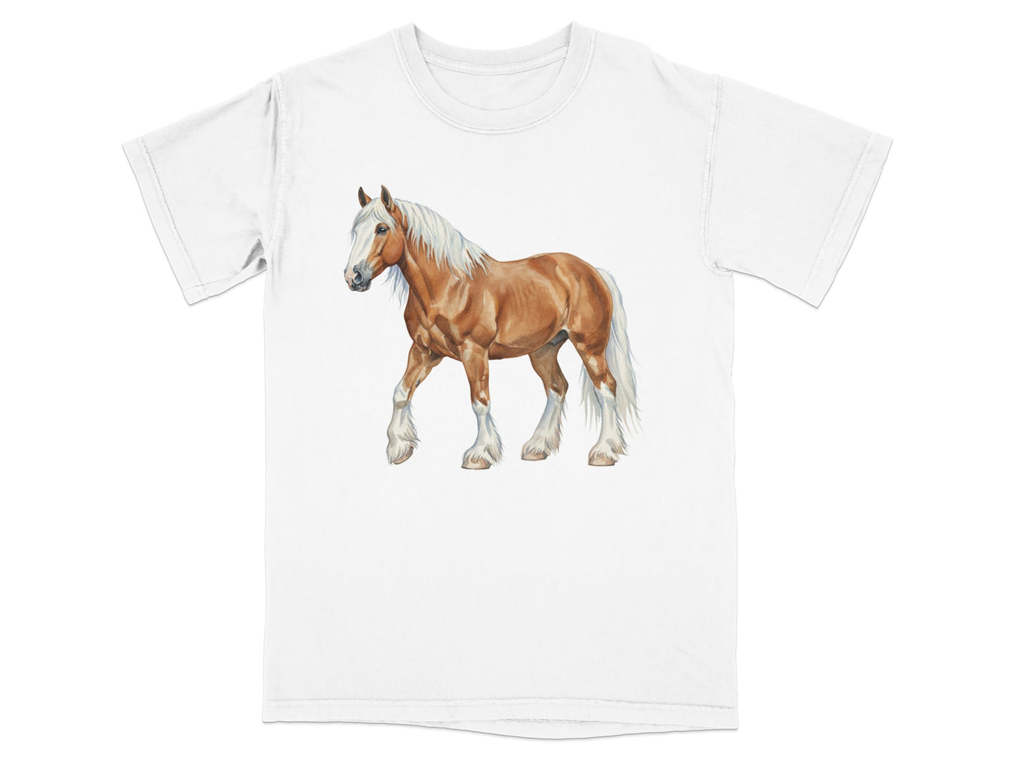 White t-shirt with a realistic painting of a chestnut horse.