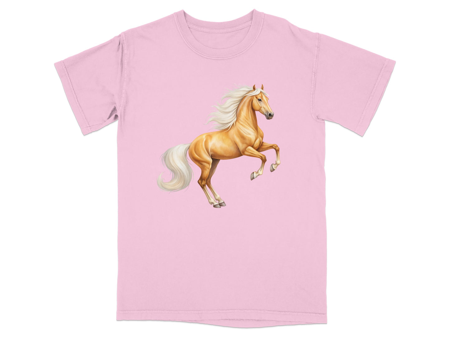 Light pink t-shirt with a leaping golden horse graphic.