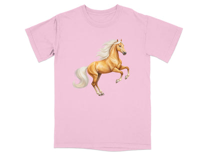 Light pink t-shirt with a leaping golden horse graphic.