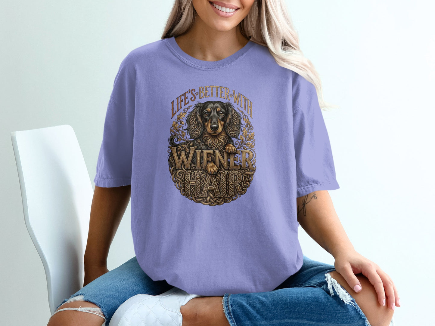 T-shirt with a vintage-style graphic of a dachshund and "Life's Better With Wiener Hair".