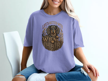 T-shirt with a vintage-style graphic of a dachshund and "Life's Better With Wiener Hair".