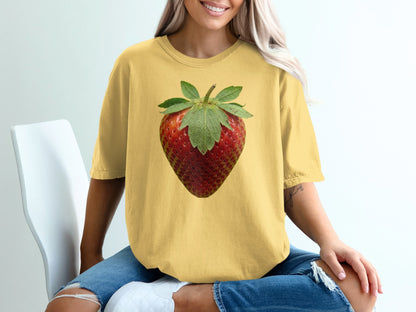 Yellow t-shirt with large strawberry graphic, worn by a seated person.