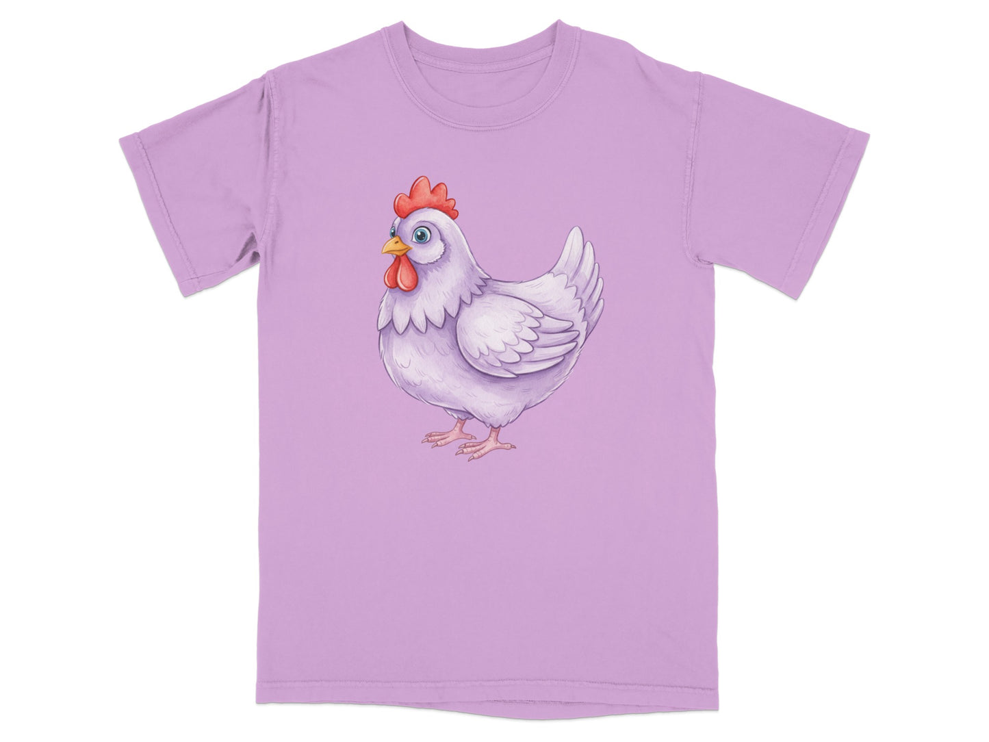 White chicken illustration on a light purple t-shirt.