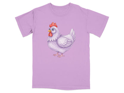 White chicken illustration on a light purple t-shirt.