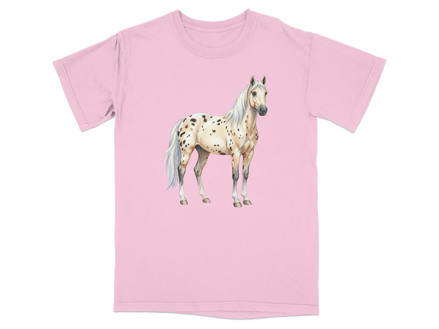 Pink t-shirt featuring a watercolor painting of an appaloosa horse with white and brown spots.