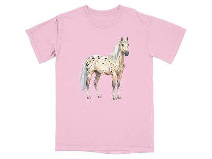 Pink t-shirt featuring a watercolor painting of an appaloosa horse with white and brown spots.