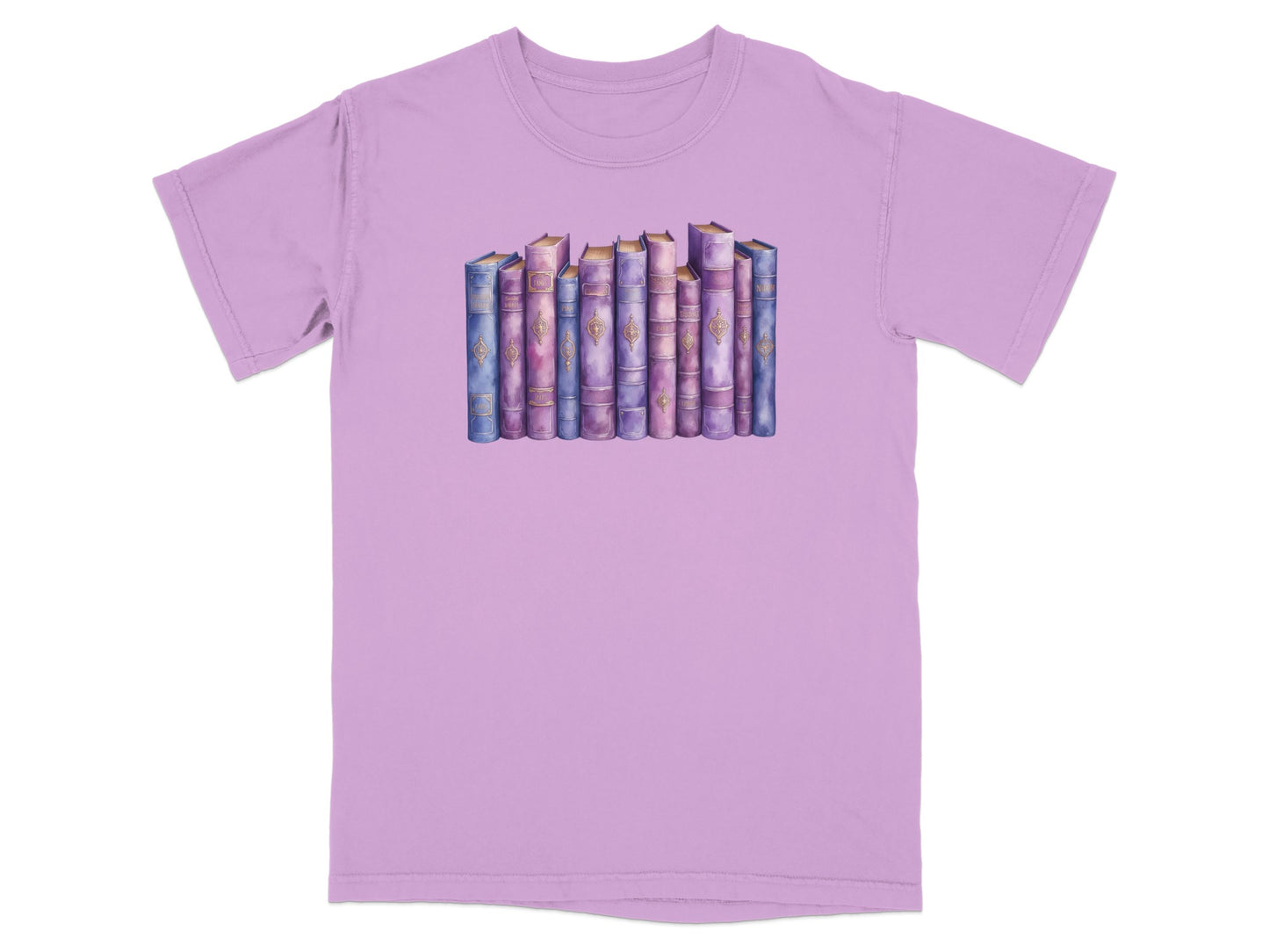 T-shirt with a watercolor illustration of a row of ornate, colorful books.