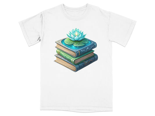 Stack of books with lotus flower on top, printed on a white t-shirt.