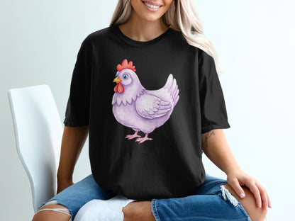 Black t-shirt with a light purple chicken illustration on the front.