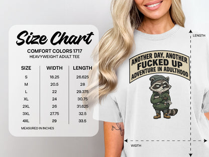 Comfort Colors 1717 heavyweight t-shirt size chart with raccoon graphic.