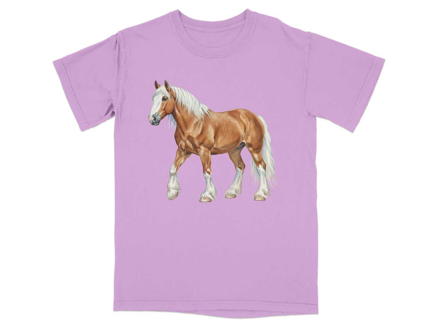 Brown horse with white mane and tail on a lilac t-shirt.