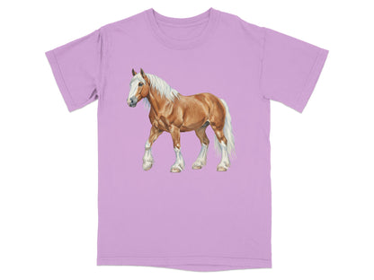 Brown horse with white mane and tail on a lilac t-shirt.