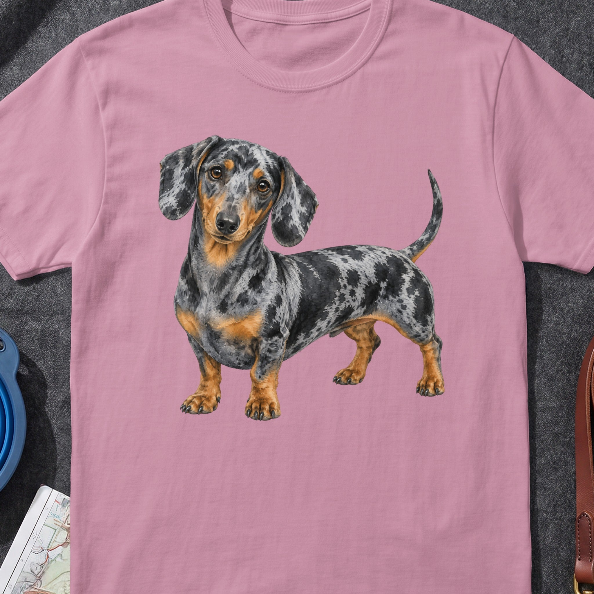 Dachshund with merle coat standing on a pink t-shirt.