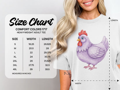 Comfort Colors 1717 heavyweight adult tee size chart with chicken illustration.