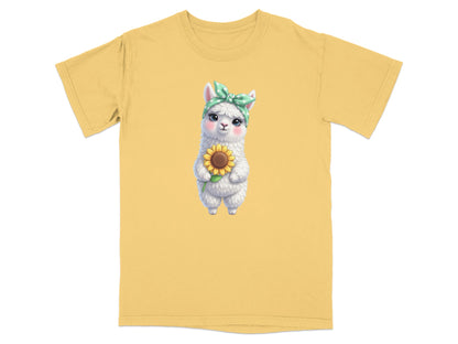 Cute llama wearing a bandana holding a sunflower.