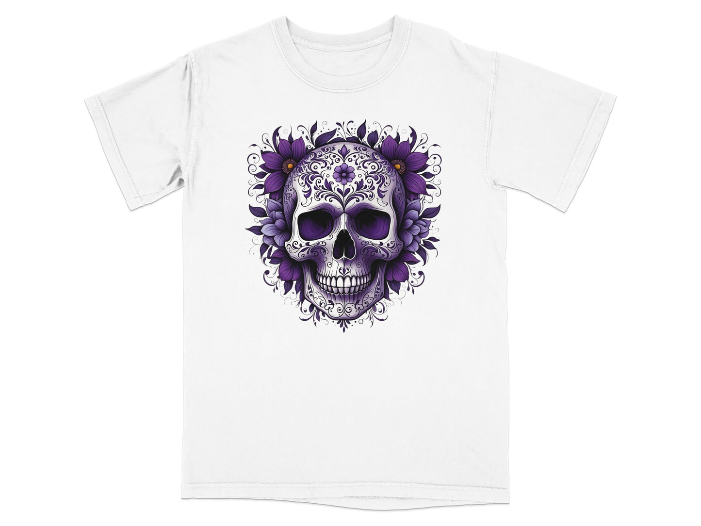 White t-shirt with a purple floral skull graphic.