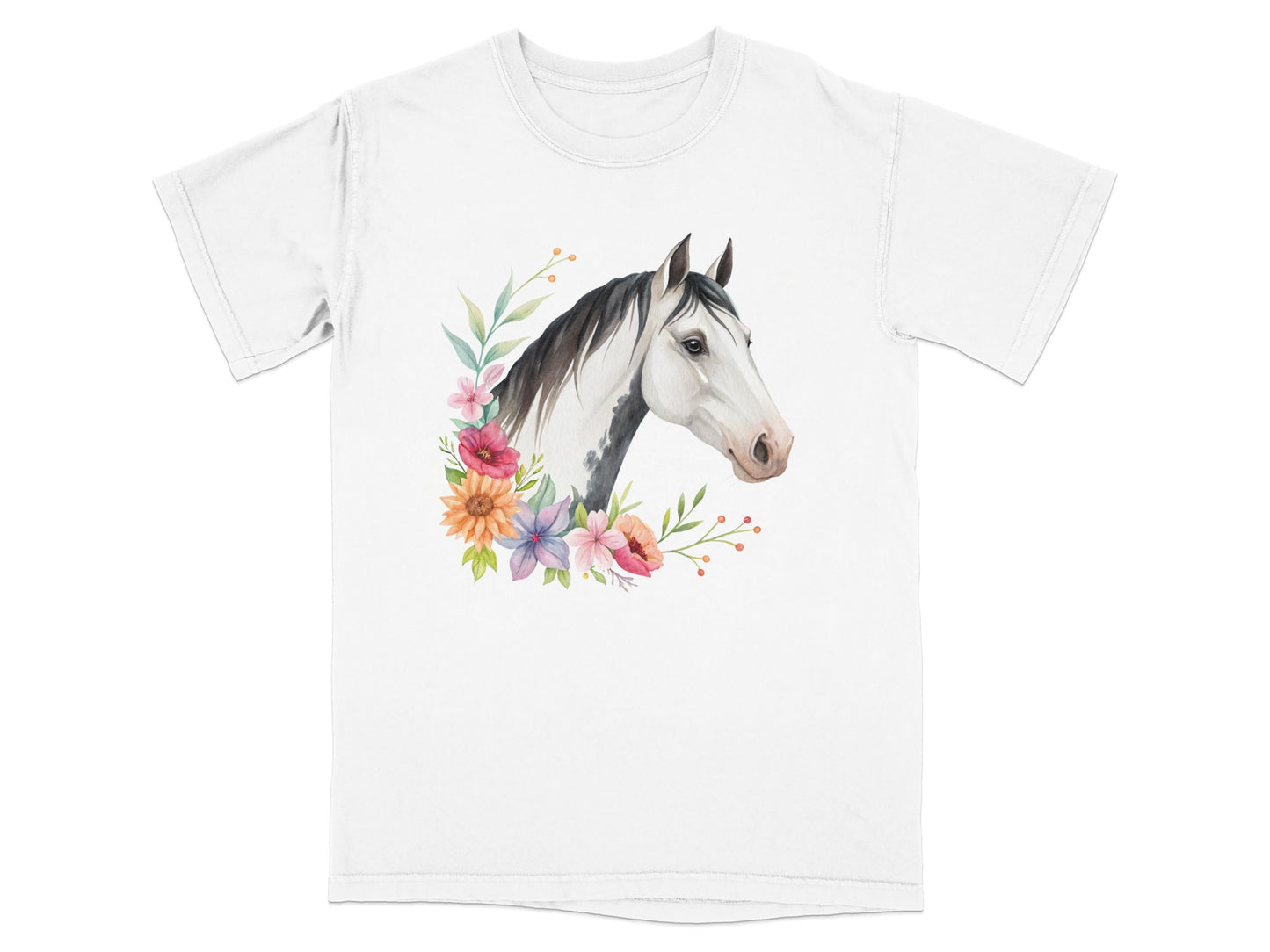 Watercolor horse head with floral accents on a white t-shirt.