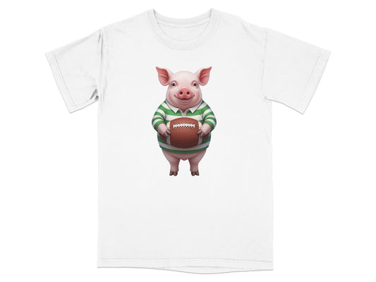 T-shirt with a cartoon pig holding a rugby ball.