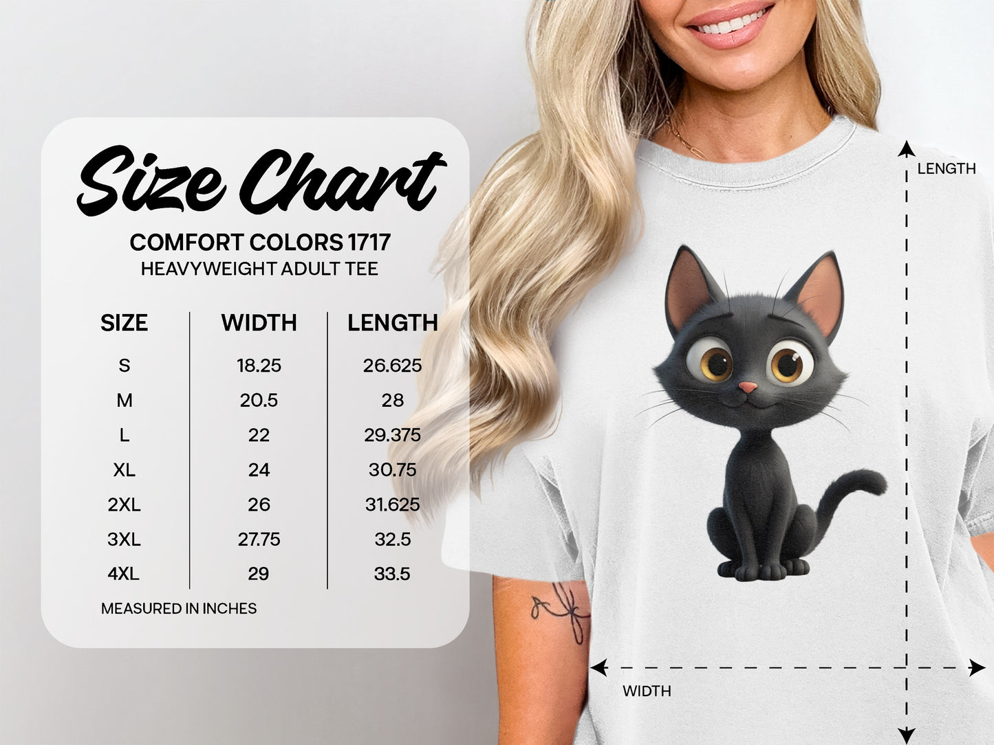 Size chart for Comfort Colors 1717 heavyweight adult tee with measurements.