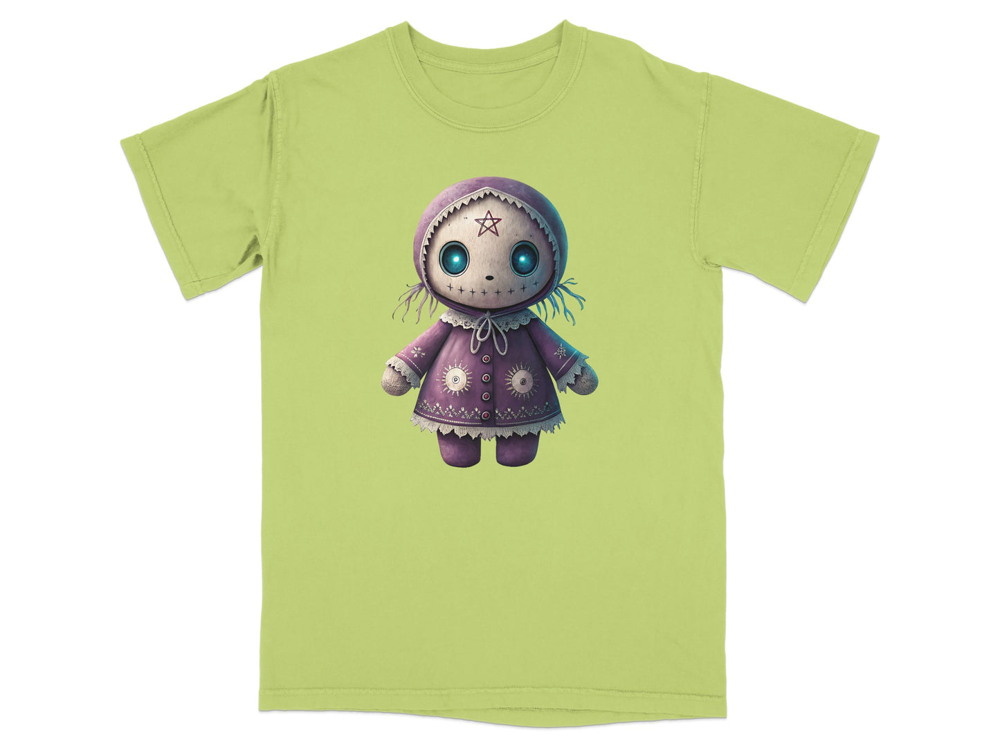 Purple doll with star eyes on a light green t-shirt.