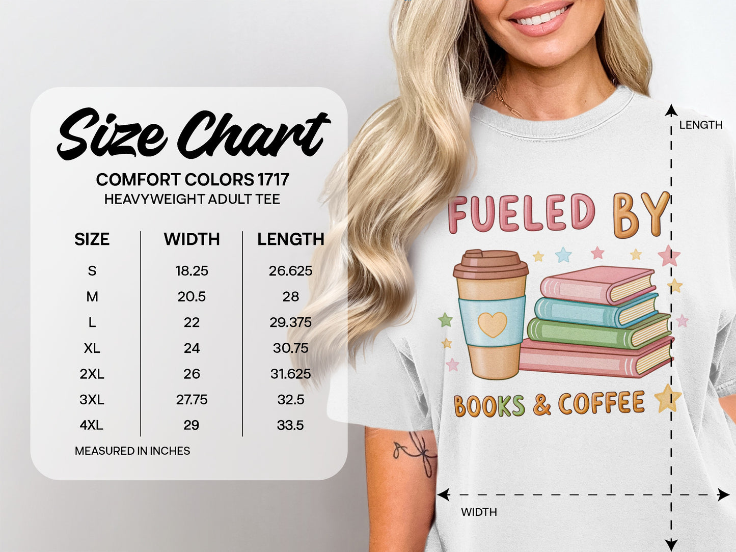Size chart for Comfort Colors heavyweight adult tee, "Fueled by Books & Coffee" graphic.