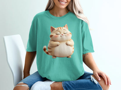 A plump, cartoon cat with closed eyes and a gentle smile on a teal t-shirt.