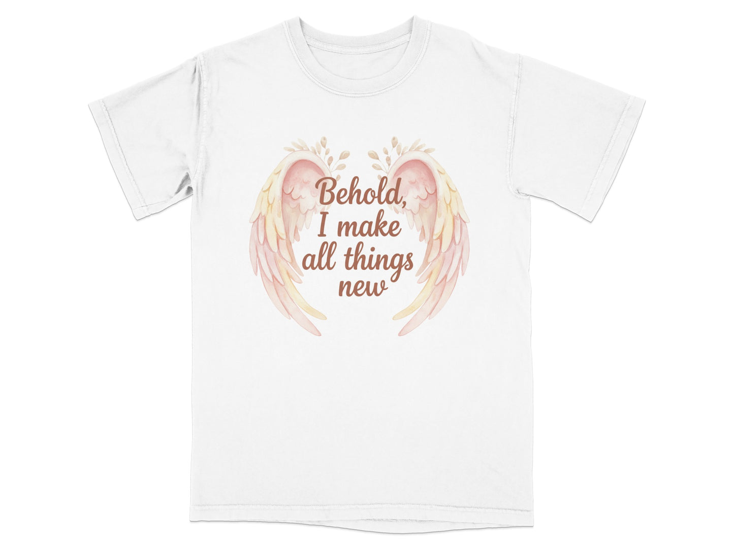 White t-shirt with text "Behold, I make all things new" and pastel wings.