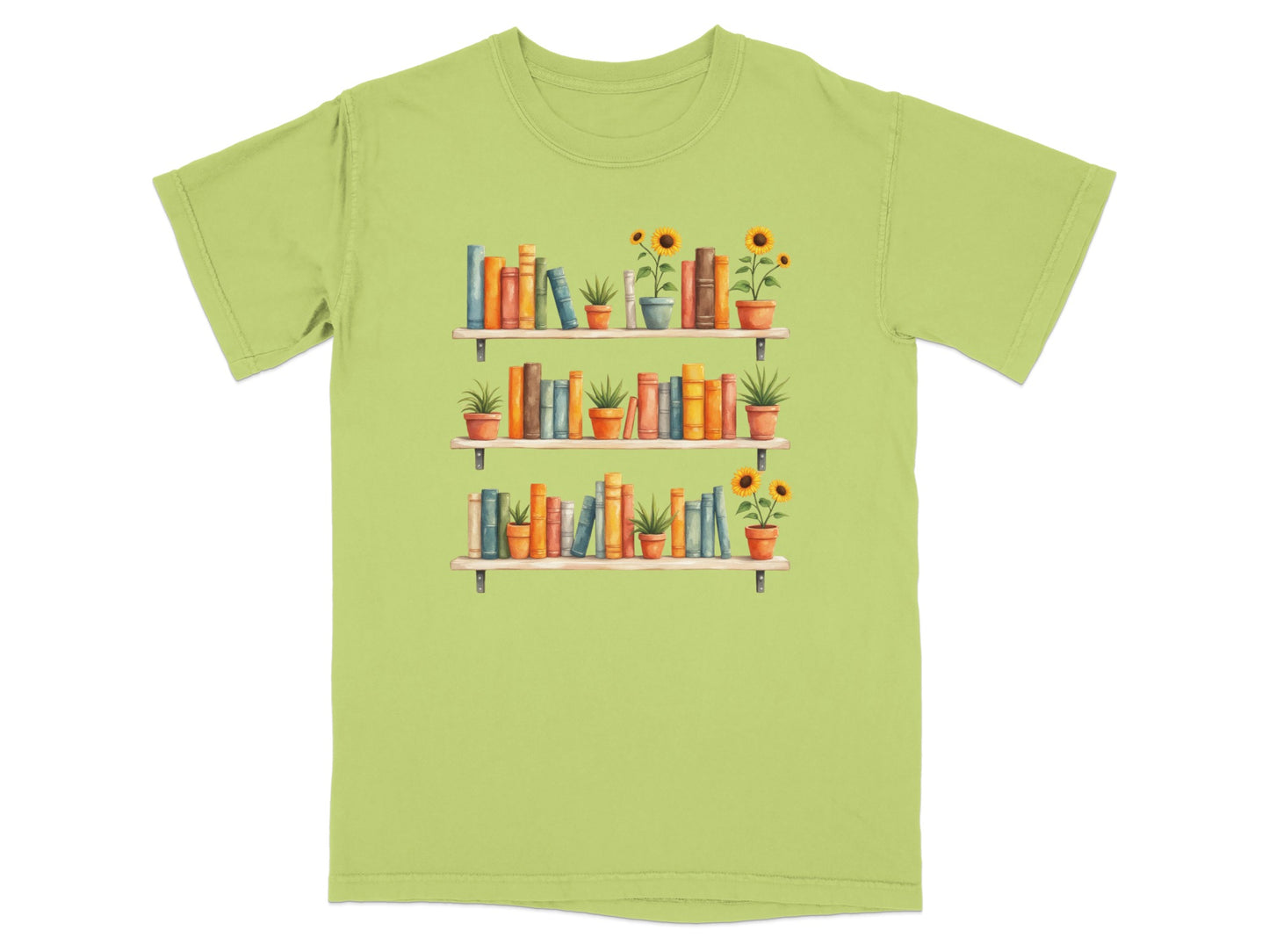 Three shelves of books and potted sunflowers on a light green t-shirt.