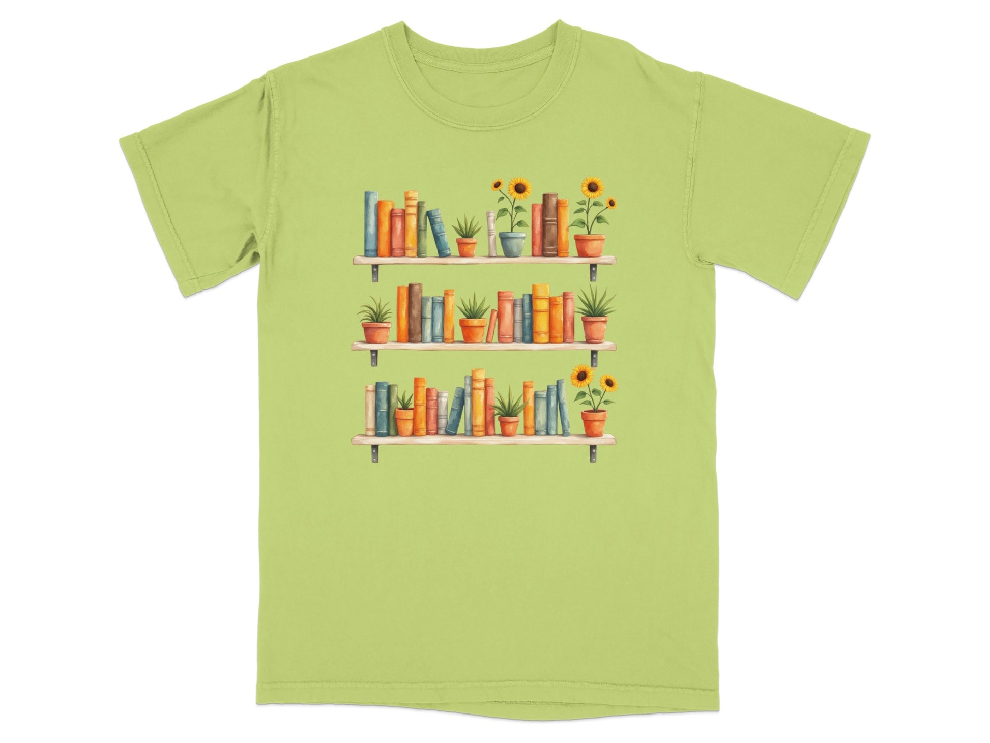 Three shelves of books and potted sunflowers on a light green t-shirt.