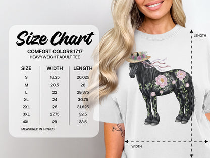 Comfort Colors 1717 heavyweight adult tee size chart with width and length measurements.