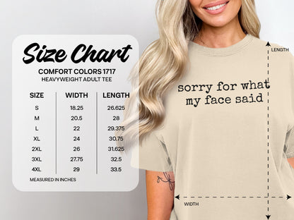Size chart for Comfort Colors 1717 heavyweight adult tee with measurements.