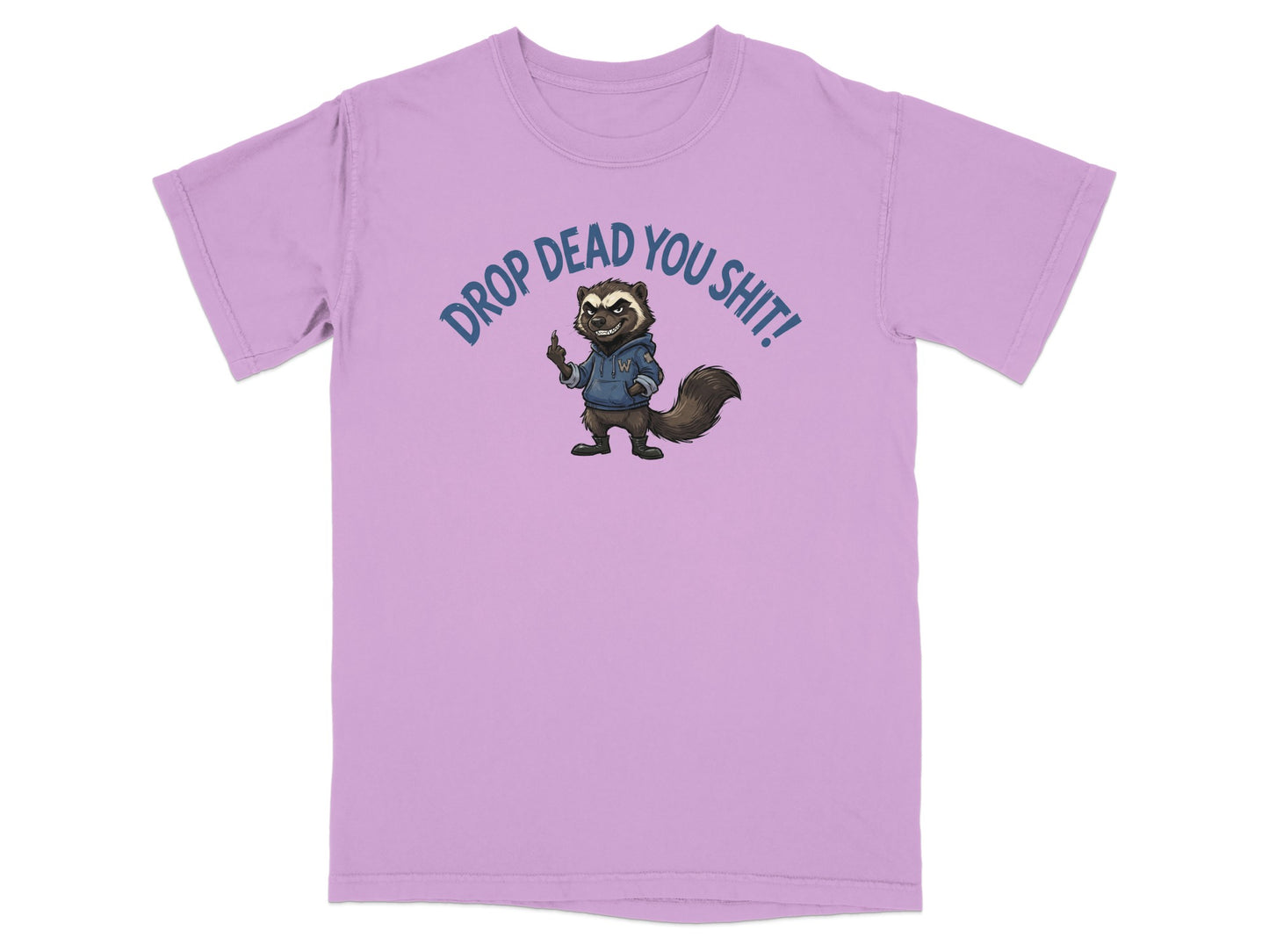 Purple t-shirt with cartoon skunk saying "DROP DEAD YOU SHIT!"