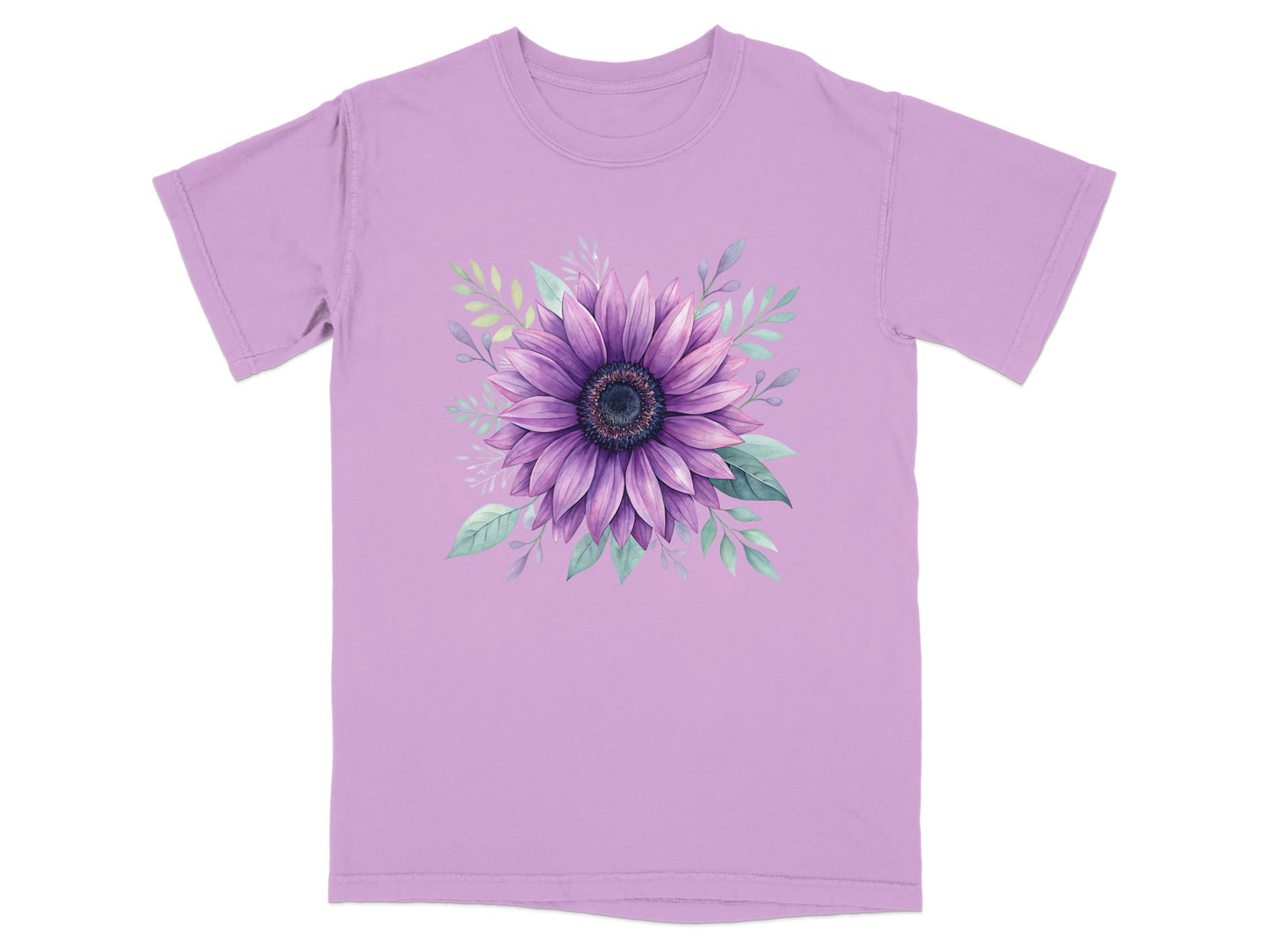 Purple t-shirt with a watercolor sunflower and leaves design.