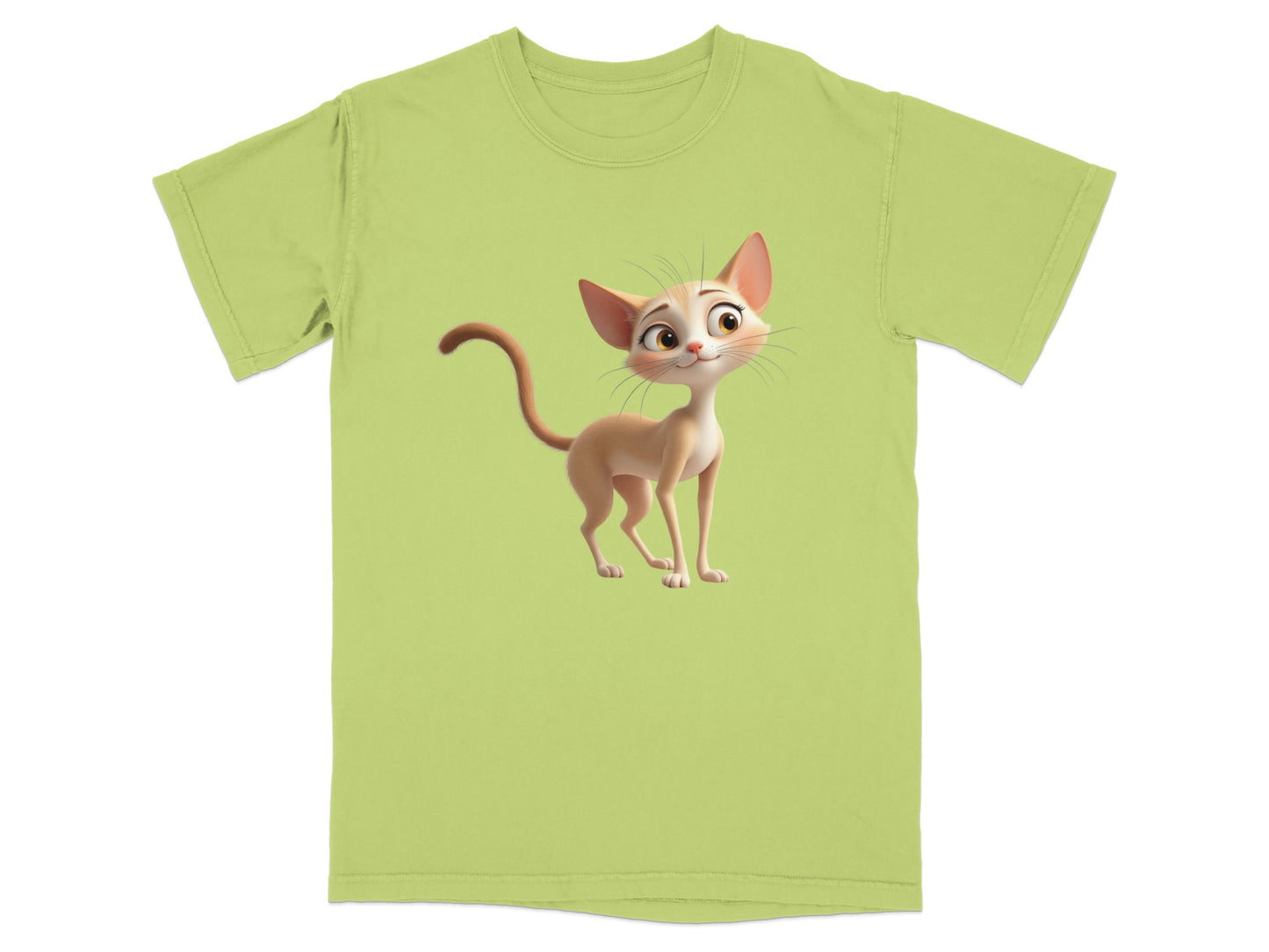 Green t-shirt with cartoon cat illustration.