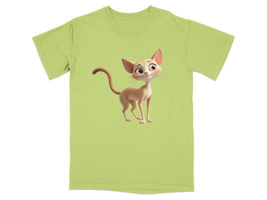 Green t-shirt with cartoon cat illustration.