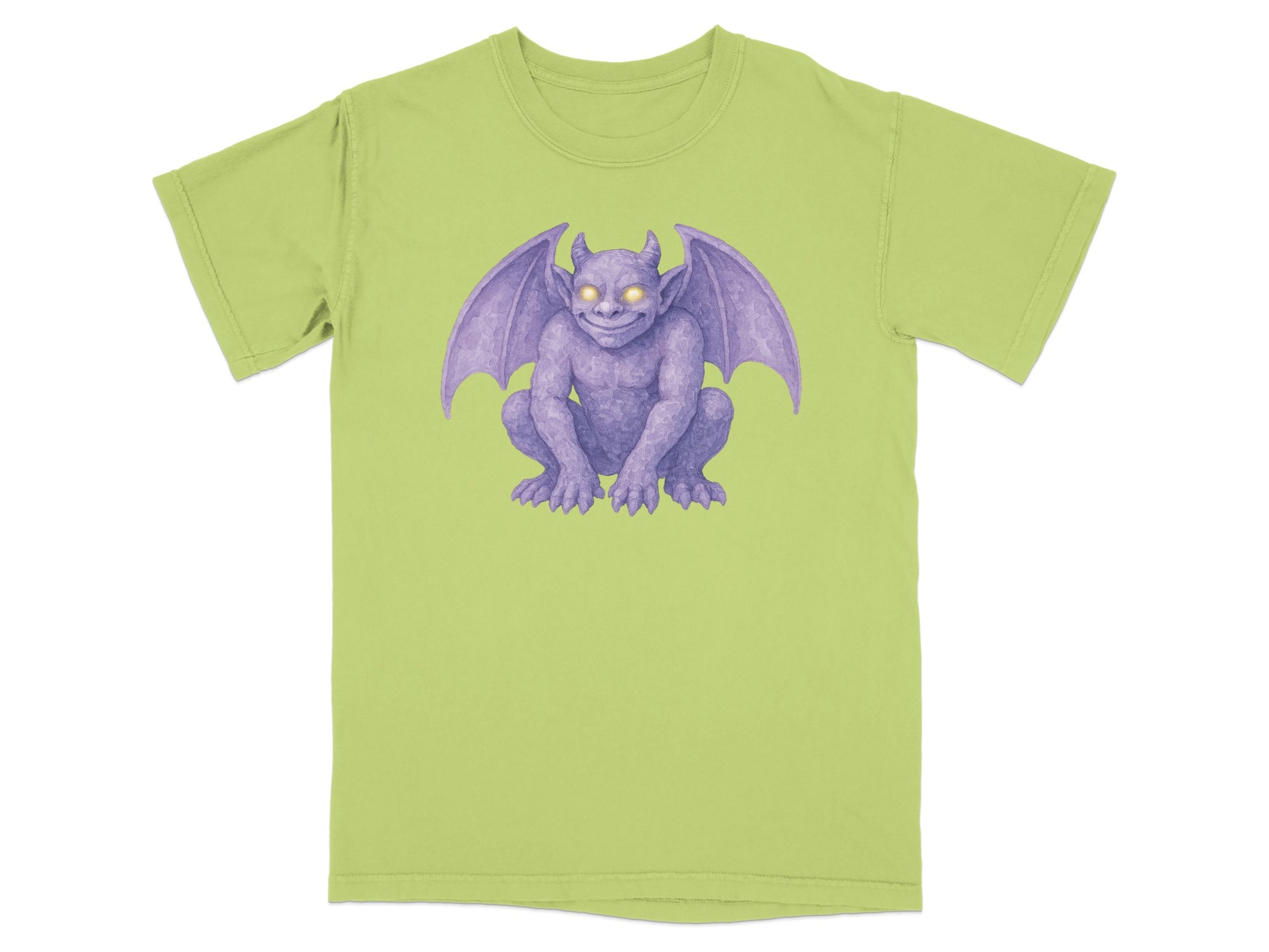 Light green t-shirt with a purple gargoyle illustration with glowing eyes.