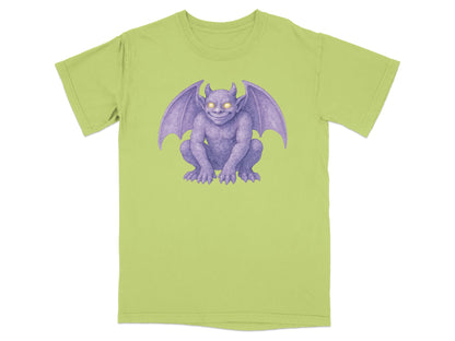Light green t-shirt with a purple gargoyle illustration with glowing eyes.