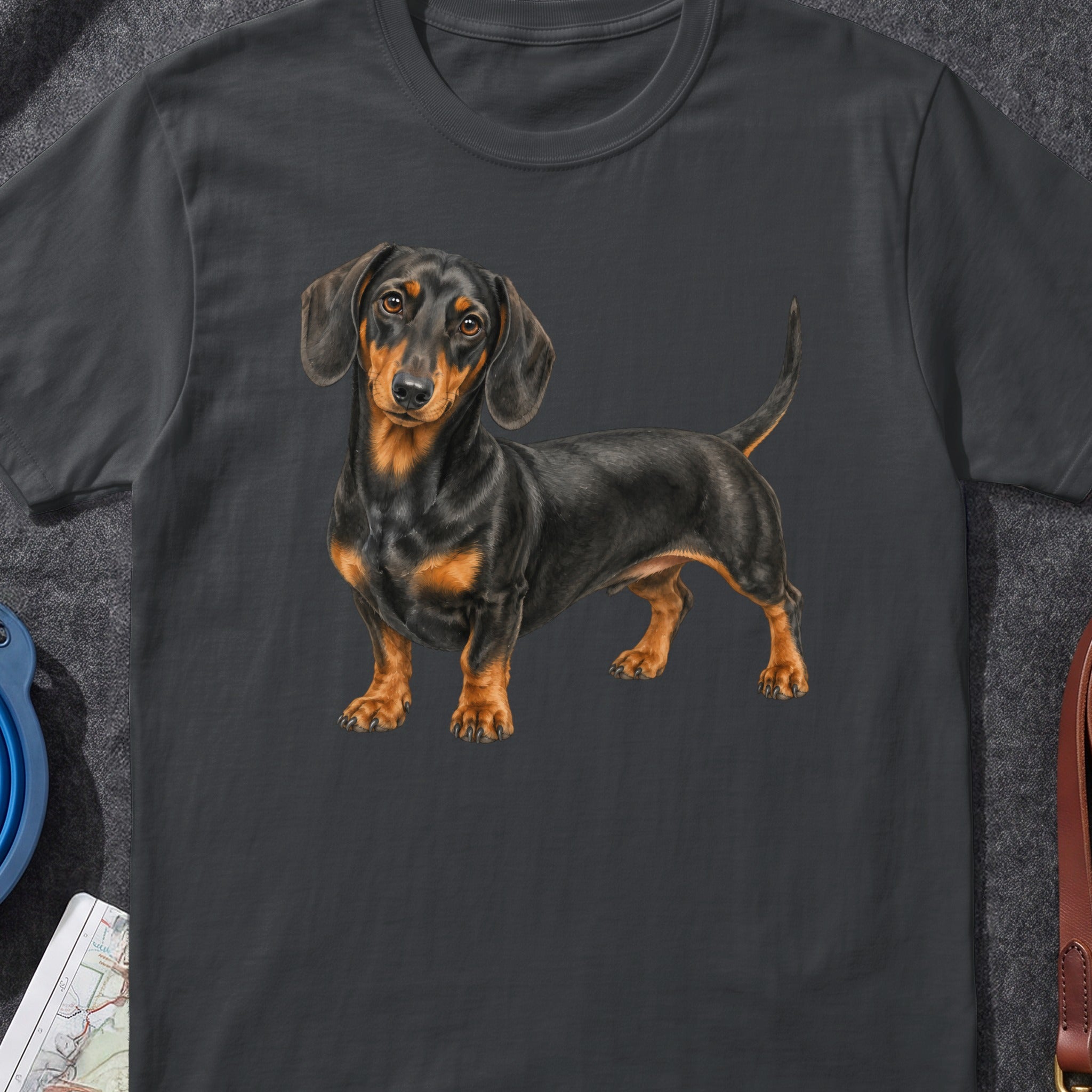 T-shirt with a lifelike illustration of a black and tan dachshund dog.