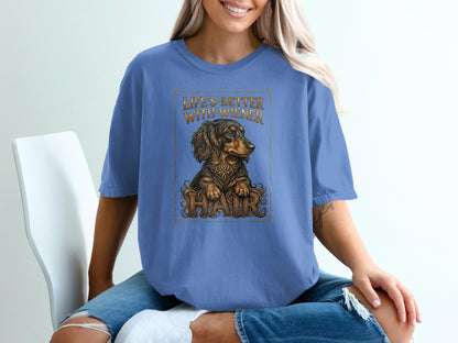 Blue t-shirt with dachshund graphic and text "Life's better with wiener hair."