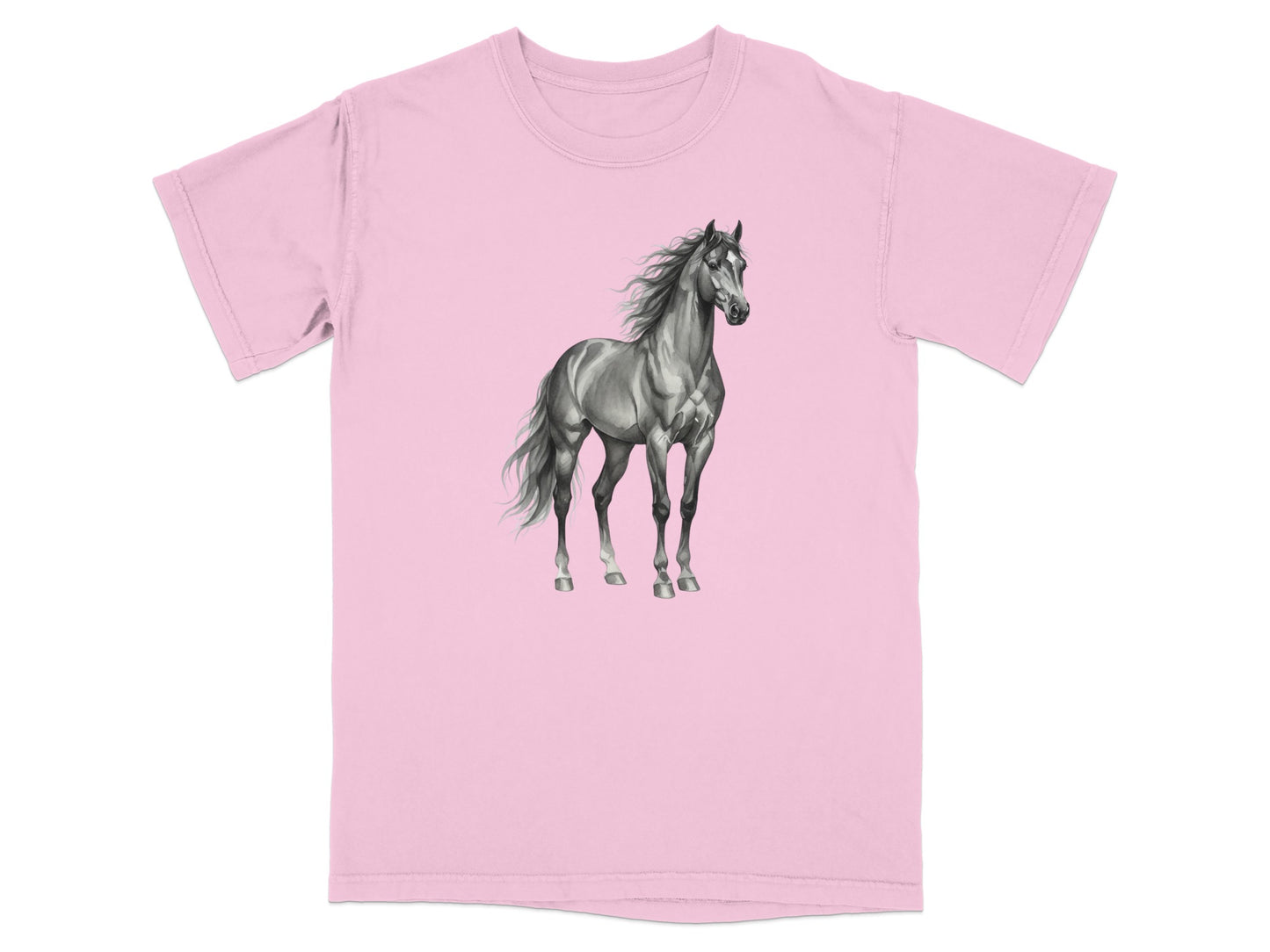 Gray horse illustration on a pink t-shirt.