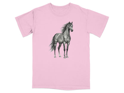 Gray horse illustration on a pink t-shirt.