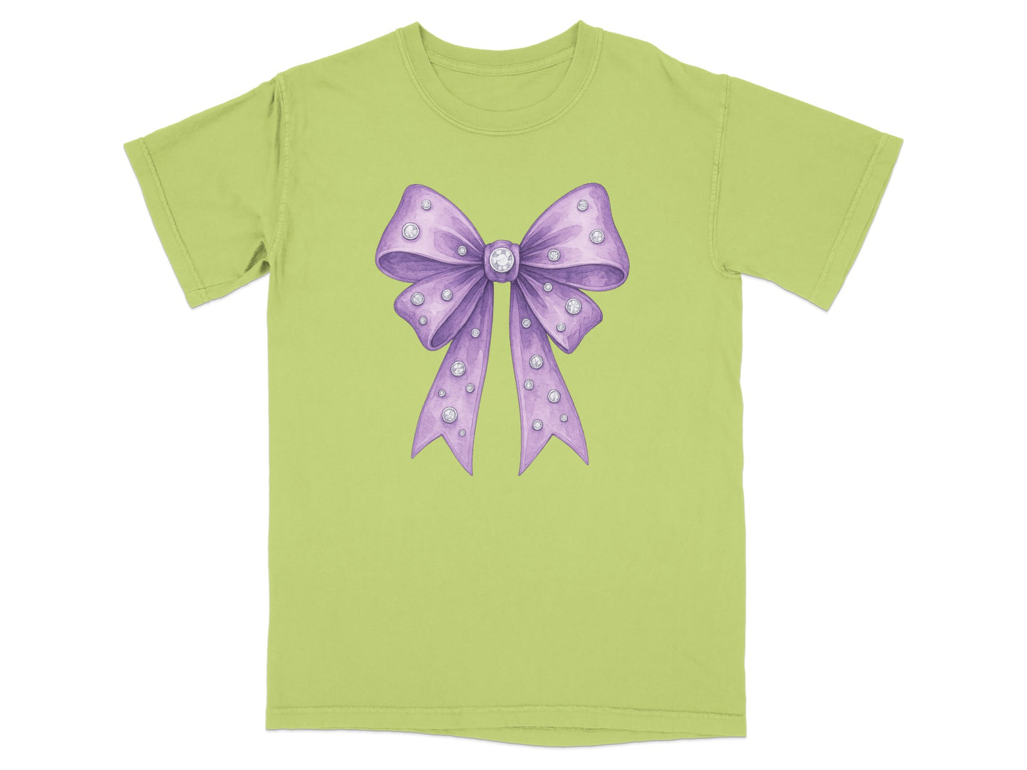 Green t-shirt with a purple sequined bow graphic.