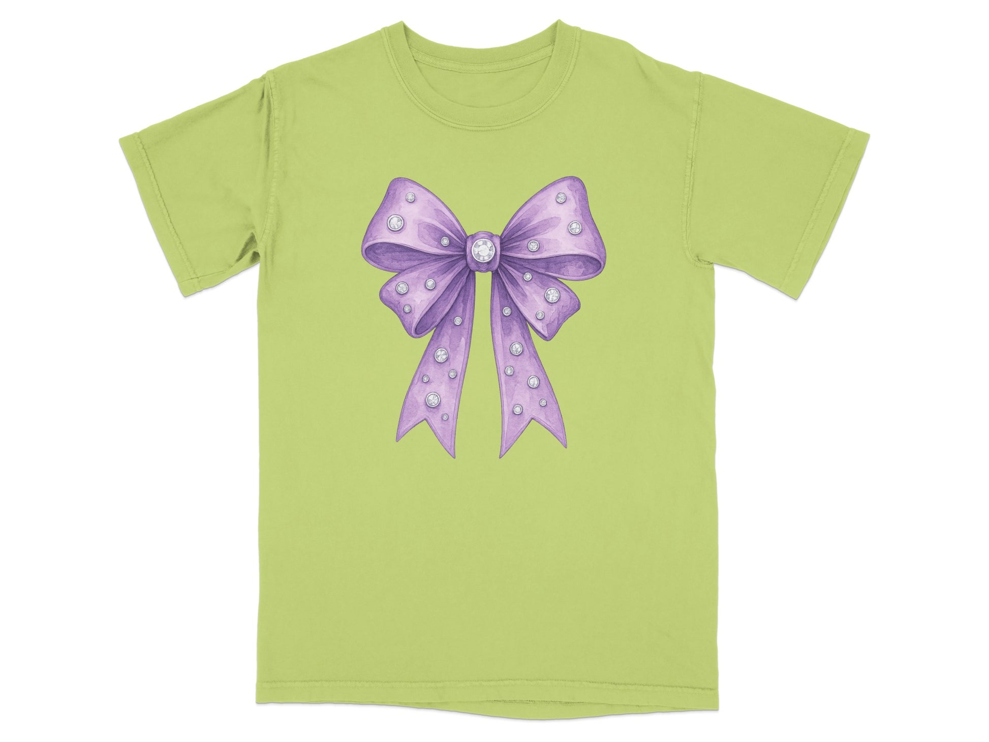 Green t-shirt with a purple sequined bow graphic.