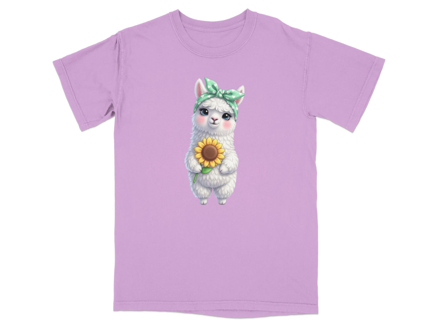 Lilac t-shirt featuring a cartoon llama wearing a green bandana holding a sunflower.