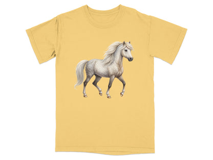 Yellow t-shirt with white horse illustration.