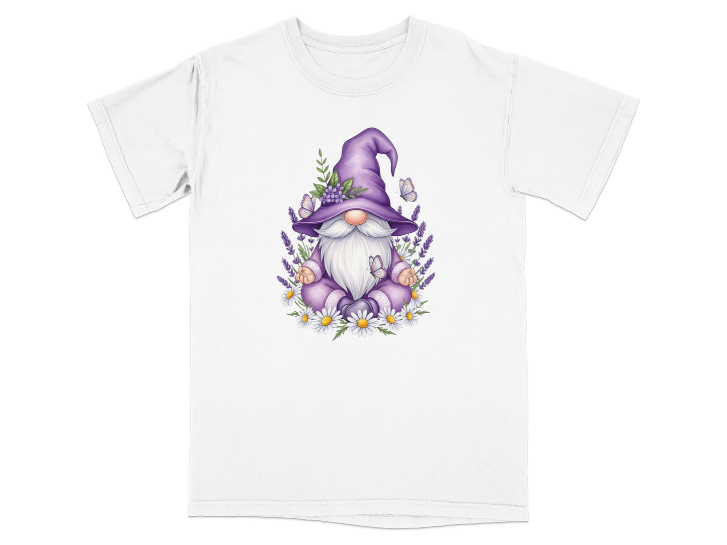 Gnome meditating with lavender and daisies, wearing a purple wizard hat.