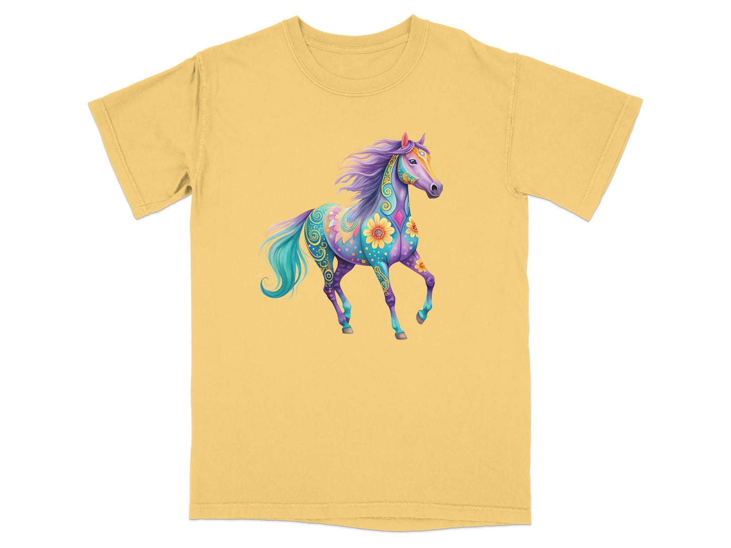 Yellow t-shirt with a colorful, stylized horse illustration.