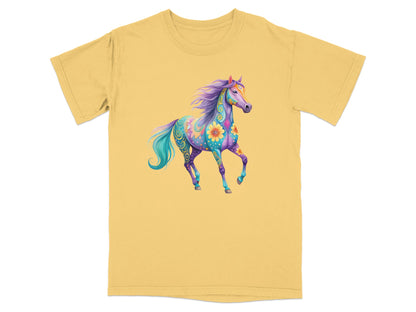 Yellow t-shirt with a colorful, stylized horse illustration.
