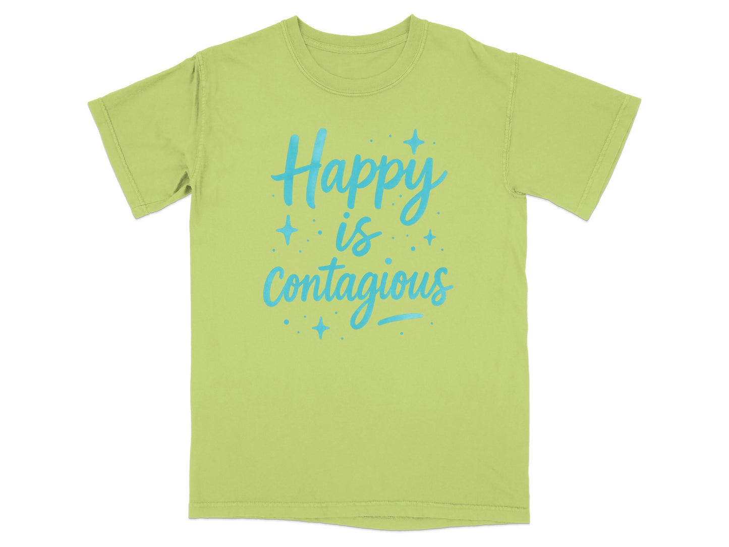 Light green t-shirt with "Happy is Contagious" in light blue text.